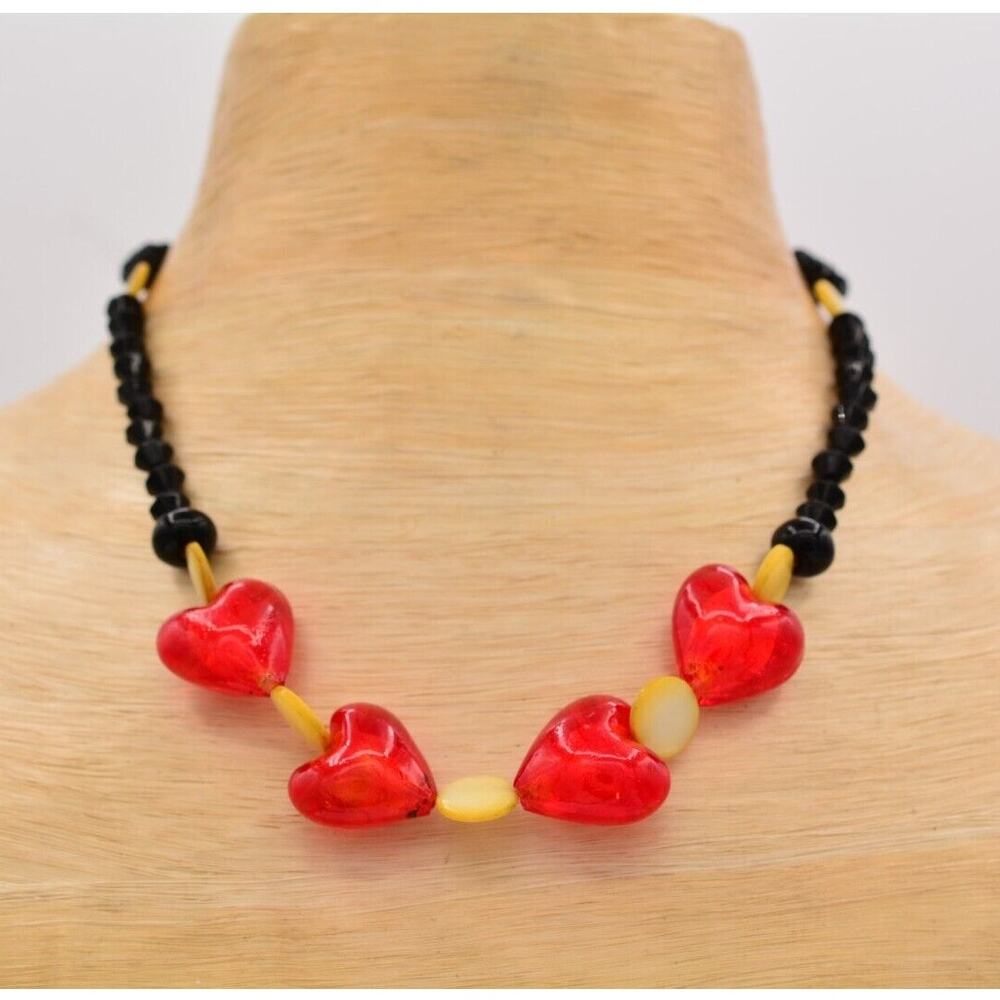 Vintage Red Heart Glass Beaded Collar Necklace Black Chunky Valentine's 90s BinN